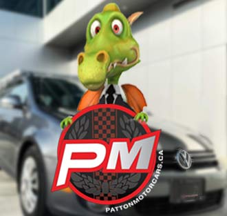 Elliot in a business suit holding PM Motorcars Logo in his claws